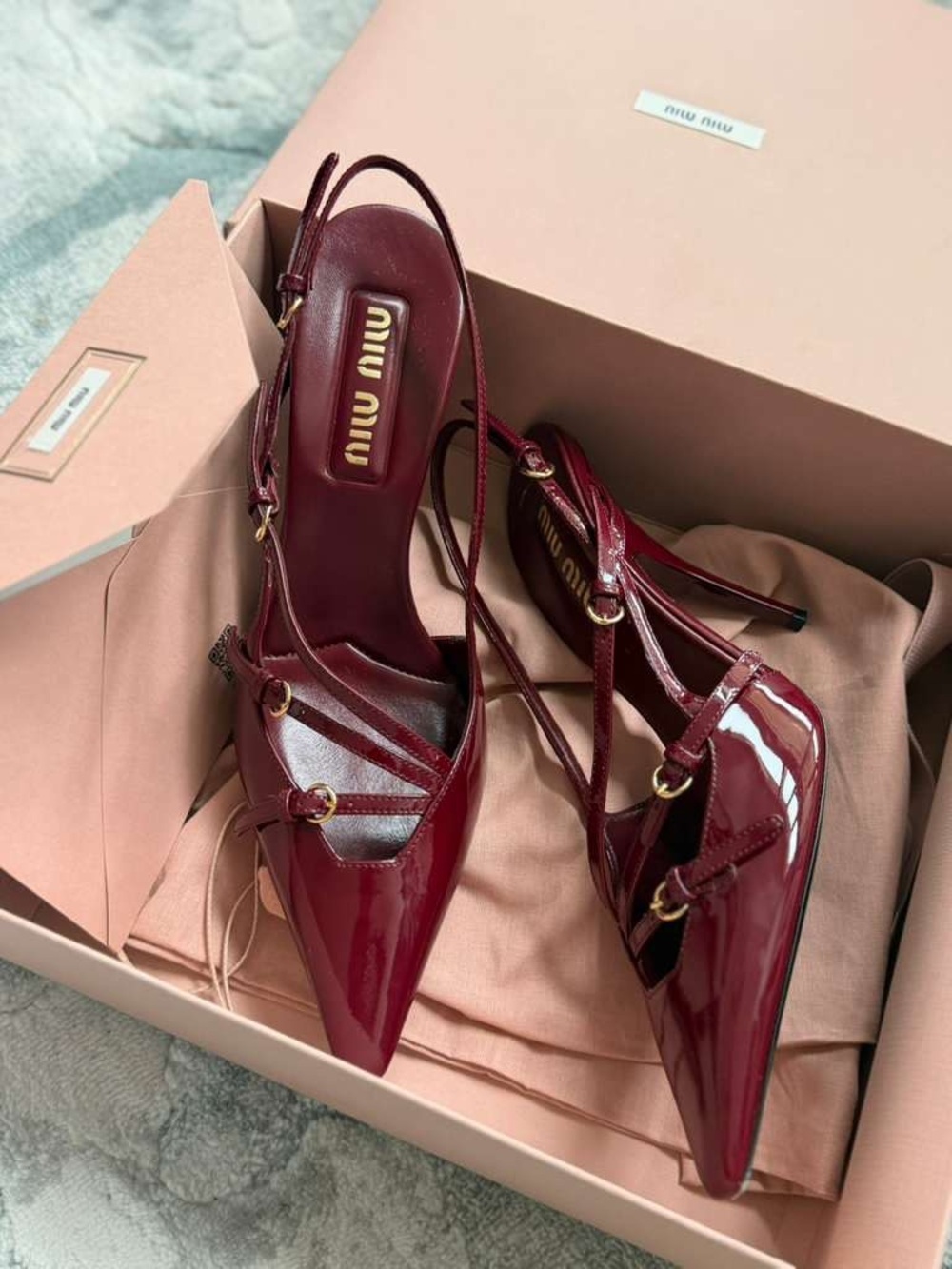Miu Miu Burgundy Patent Leather Pointed Slingback Heels with Strap Details